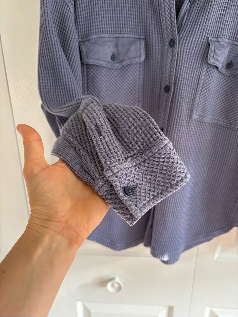 Aerie LumberJane Oversized Waffle Knit Button Shirt Jacket Shacket Dusty Blue S - Picture 2 of 9